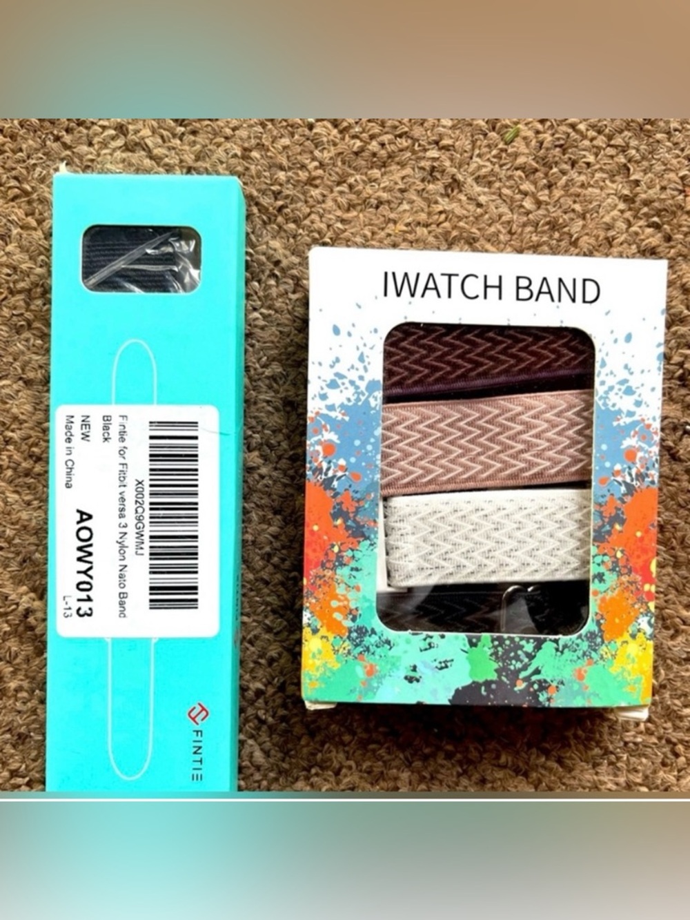 5 Fit bit watch bands. 4 pack of stretch nylon and 1 Nylon NATO band. NWT.